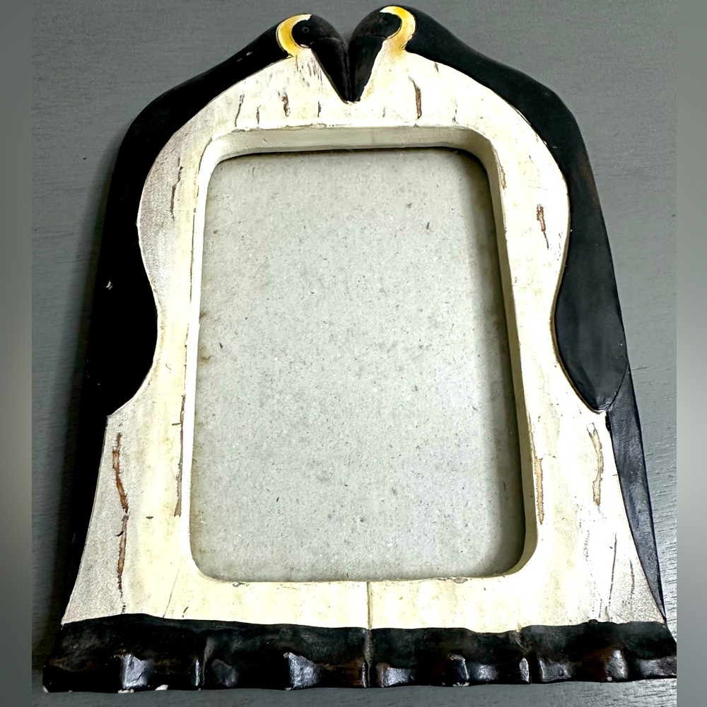 Heart shaped penguins love picture frame wooden heavy weight rustic 6x8